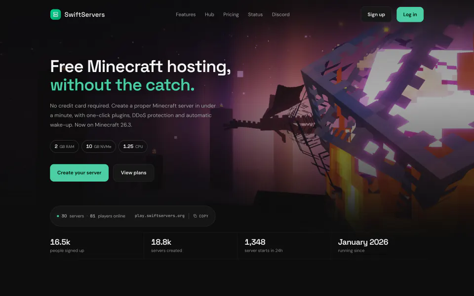 SwiftServers homepage: free Minecraft hosting, without the catch